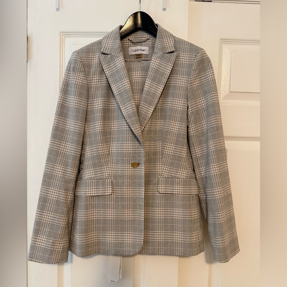 Calvin Klein Women's Classic Gray and Pink Plaid Blazer and Pants - Suit Set